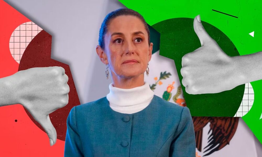 Retrato de Claudia Sheinbaum con fondo dividido en verde y rojo, acompañado de manos haciendo gestos de aprobación y desaprobación.