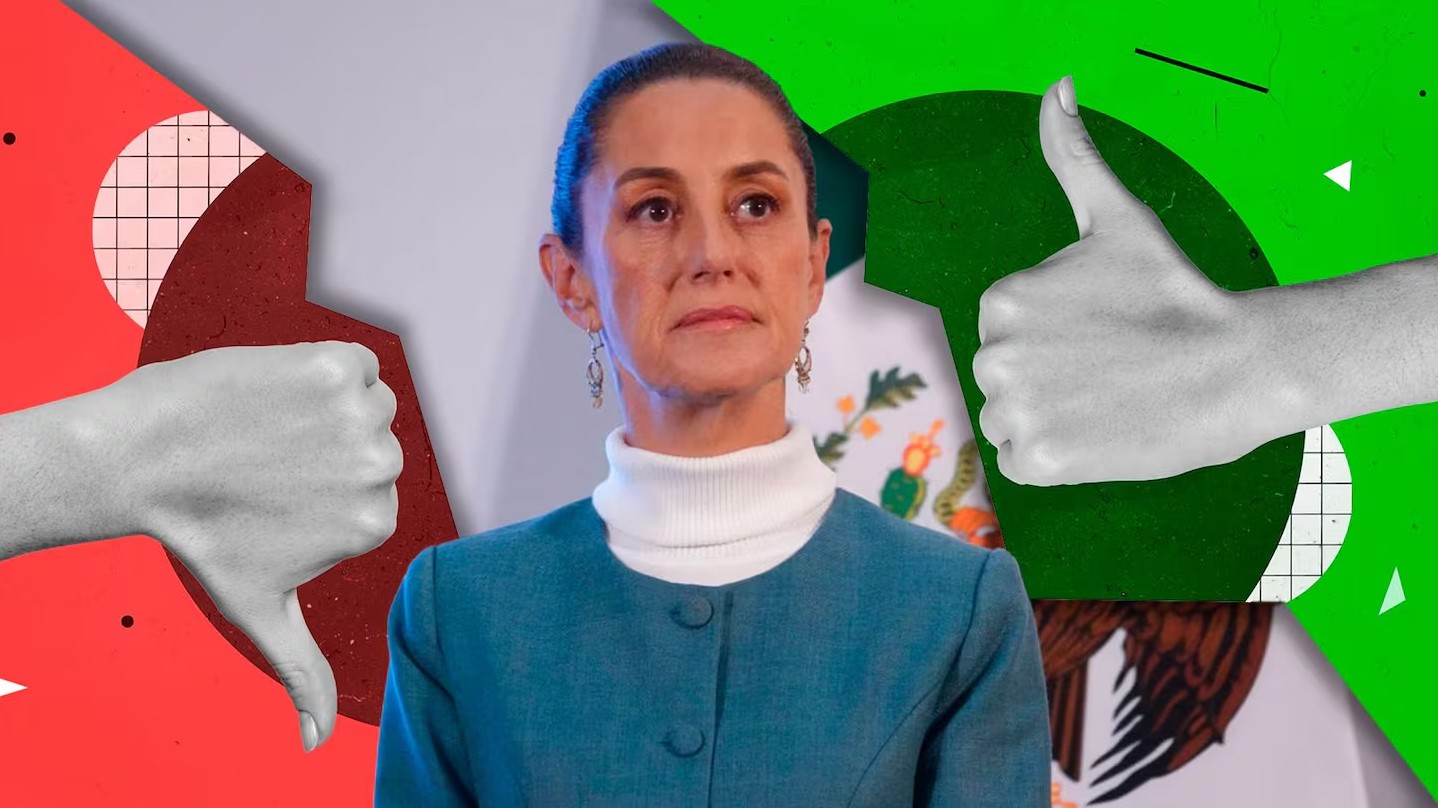Retrato de Claudia Sheinbaum con fondo dividido en verde y rojo, acompañado de manos haciendo gestos de aprobación y desaprobación.