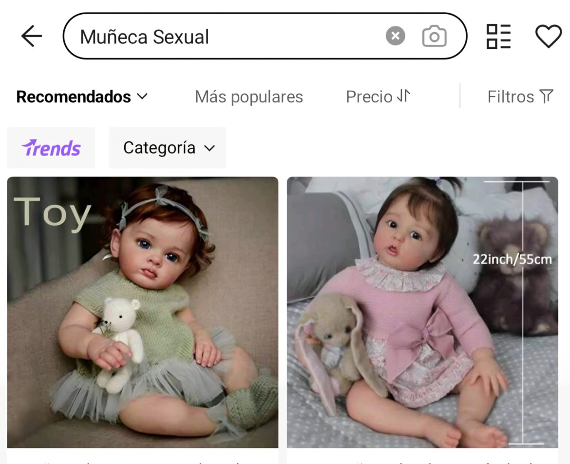 Captura de pantalla que muestra la búsqueda de “muñeca sexual” en una tienda en línea, donde aparecen imágenes de muñecas con apariencia infantil.