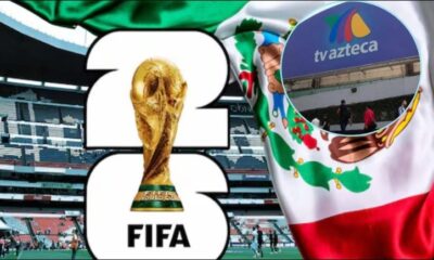 Logo de la FIFA World Cup 2026 junto a una bandera de México y el logo de TV Azteca, anunciando la transmisión oficial del Mundial.