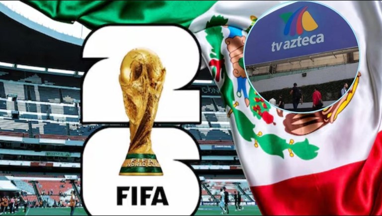 Logo de la FIFA World Cup 2026 junto a una bandera de México y el logo de TV Azteca, anunciando la transmisión oficial del Mundial.