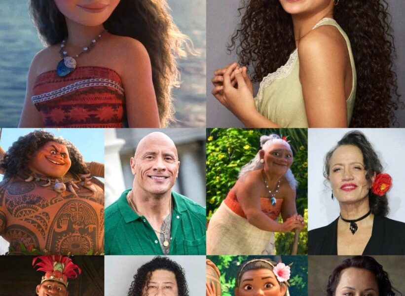 Montaje comparativo del elenco de Moana live action y los personajes animados, mostrando a Catherine Laga‘aia, Dwayne Johnson y los actores del reparto frente a las versiones originales animadas.