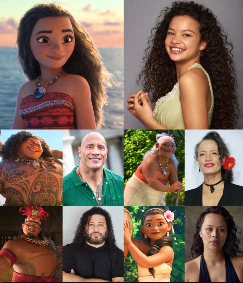 Montaje comparativo del elenco de Moana live action y los personajes animados, mostrando a Catherine Laga‘aia, Dwayne Johnson y los actores del reparto frente a las versiones originales animadas.