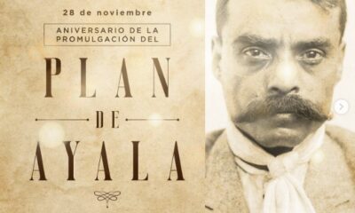Retrato histórico de Emiliano Zapata junto a diseño gráfico conmemorativo por el 114 aniversario de la promulgación del Plan de Ayala.