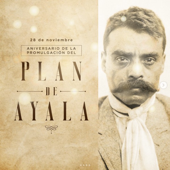 Retrato histórico de Emiliano Zapata junto a diseño gráfico conmemorativo por el 114 aniversario de la promulgación del Plan de Ayala.