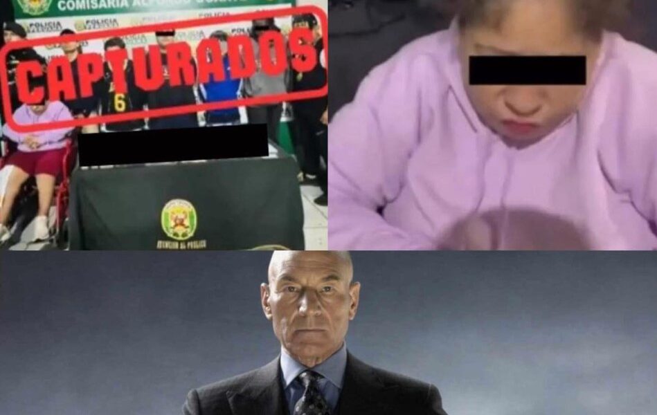 Fotografía de detenidos presentados por la Policía de Perú y mujer en silla de ruedas vinculada a grupo criminal, junto con montaje comparativo de un personaje de X-Men.