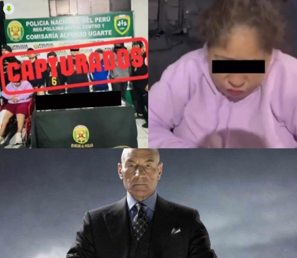 Fotografía de detenidos presentados por la Policía de Perú y mujer en silla de ruedas vinculada a grupo criminal, junto con montaje comparativo de un personaje de X-Men.