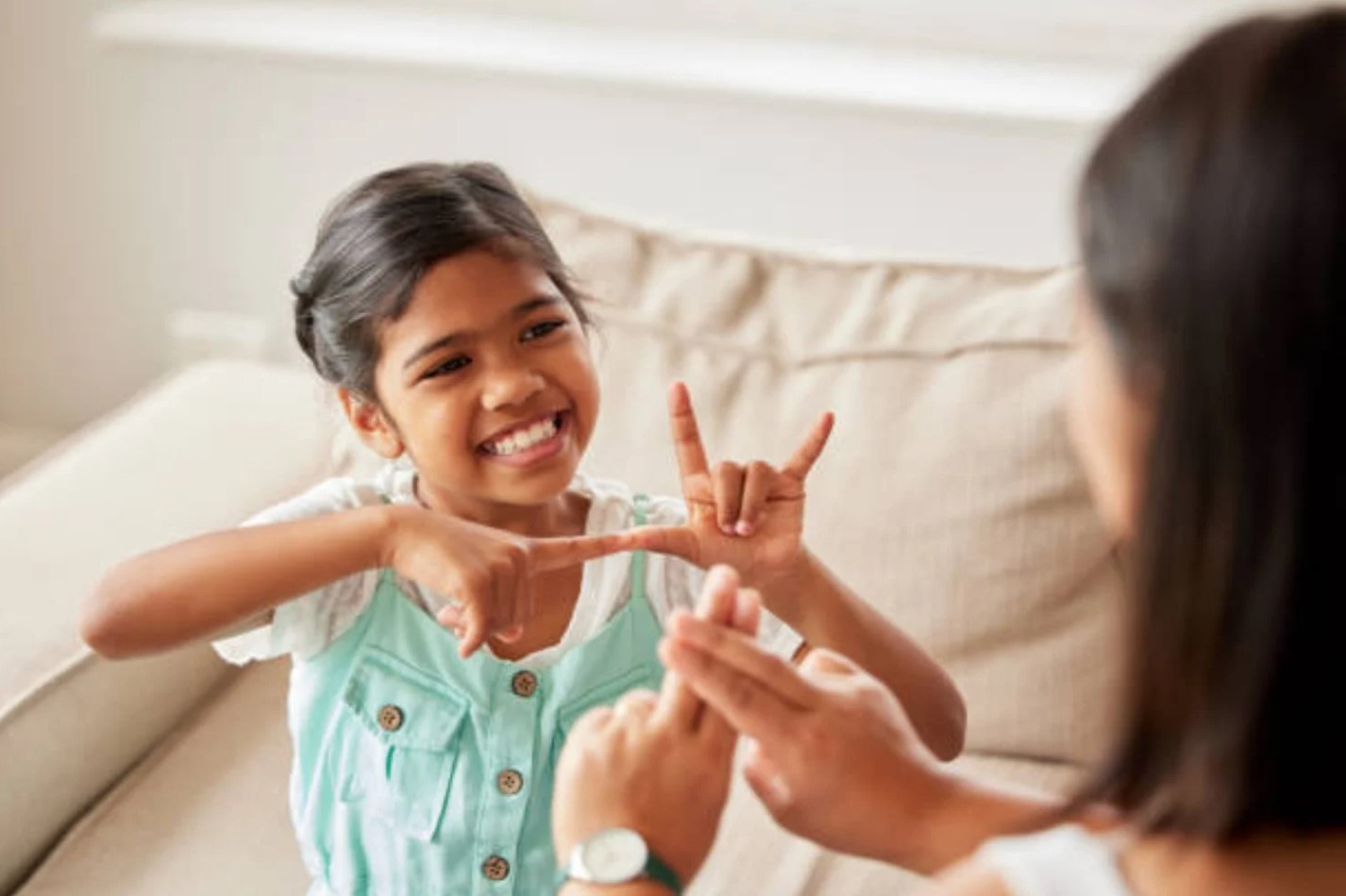 Dos personas comunicándose mediante lengua de señas, mostrando manos en primer plano.
