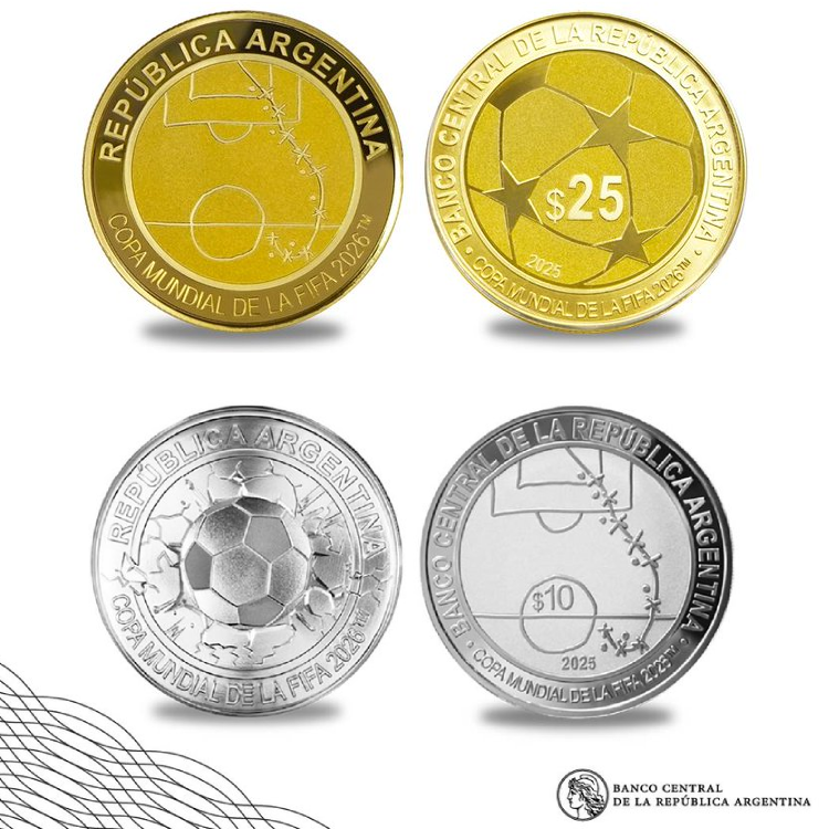 Imagen de las monedas conmemorativas del Banco Central de Argentina dedicadas al Gol del Siglo de Maradona, en versiones de oro y plata, con el diseño alusivo a la Copa Mundial de la FIFA 2026.