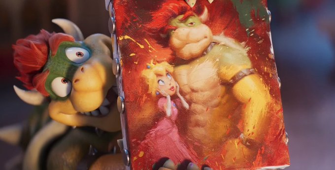 Imagen promocional de Bowser mostrando un cuadro donde aparece junto a la Princesa Peach, parte del universo animado de Super Mario.