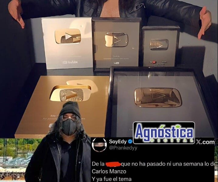 Creador de contenido posando con varias placas de reconocimiento de YouTube y captura de su publicación polémica en redes sociales.