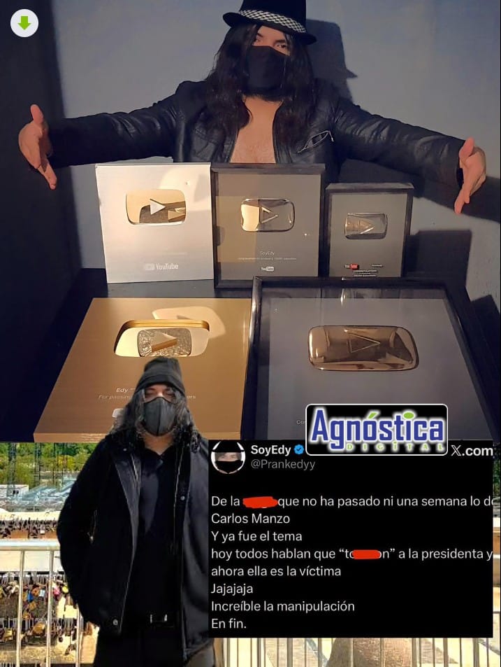 Creador de contenido posando con varias placas de reconocimiento de YouTube y captura de su publicación polémica en redes sociales.