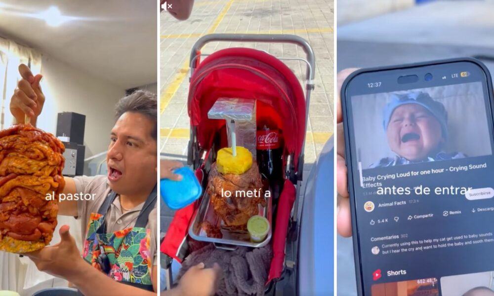 Jóvenes mostrando un trompo de carne al pastor dentro de una carriola y una persona reproduciendo llanto de bebé en un teléfono para entrar a un cine.