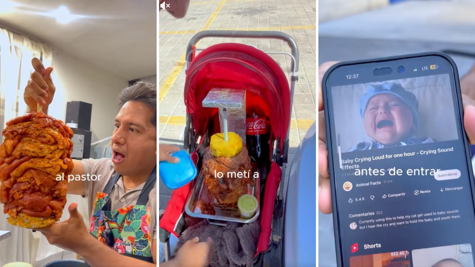 Jóvenes mostrando un trompo de carne al pastor dentro de una carriola y una persona reproduciendo llanto de bebé en un teléfono para entrar a un cine.