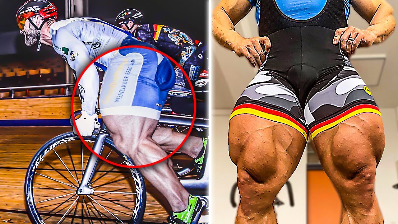 Primer plano de las piernas musculosas del ciclista alemán Robert Förstemann durante una competencia y entrenamiento de ciclismo en pista.