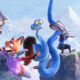 Personajes principales de Zootopia 2 reunidos en una escena promocional con la ciudad al fondo.