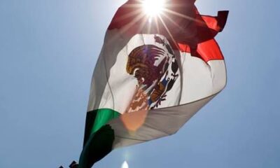 Bandera de México ondeando al sol con el escudo nacional iluminado por la luz desde atrás.