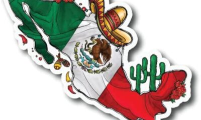 Ilustración artística del mapa de México con símbolos culturales.