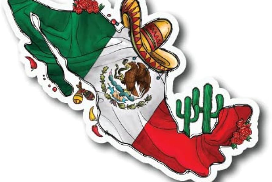 Ilustración artística del mapa de México con símbolos culturales.
