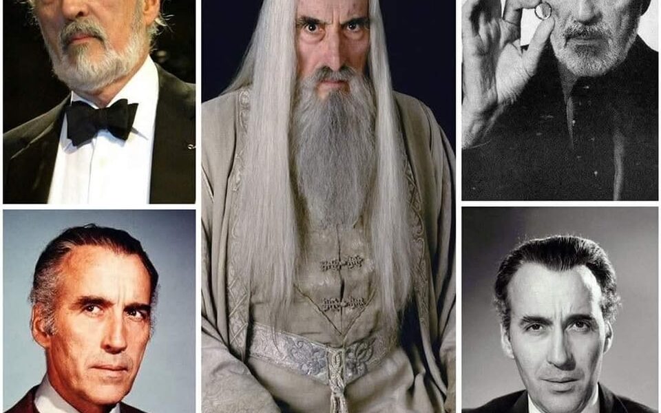 Retratos del actor Christopher Lee a distintas edades, incluido su personaje Saruman en El Señor de los Anillos.
