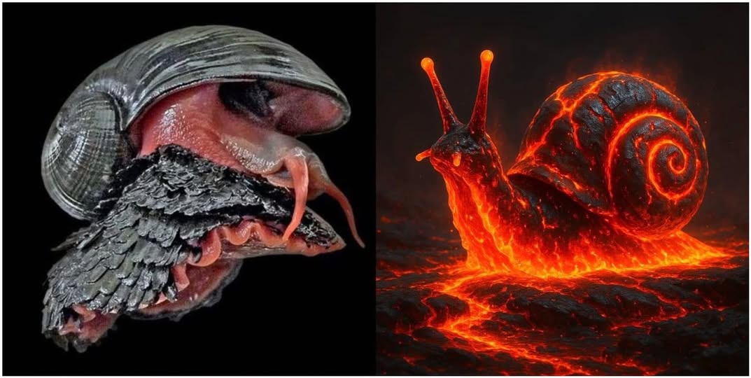 Caracol volcánico con concha de hierro viviendo cerca de respiraderos hidrotermales.