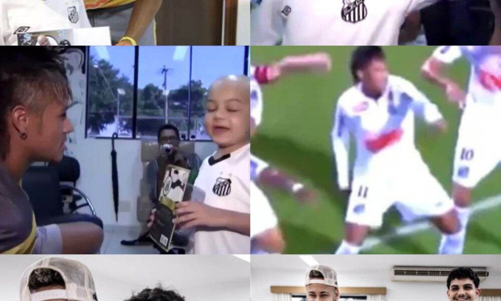Neymar se reúne con un joven sobreviviente de cáncer; se muestran fotos del pasado y del presente que ilustran su historia compartida.