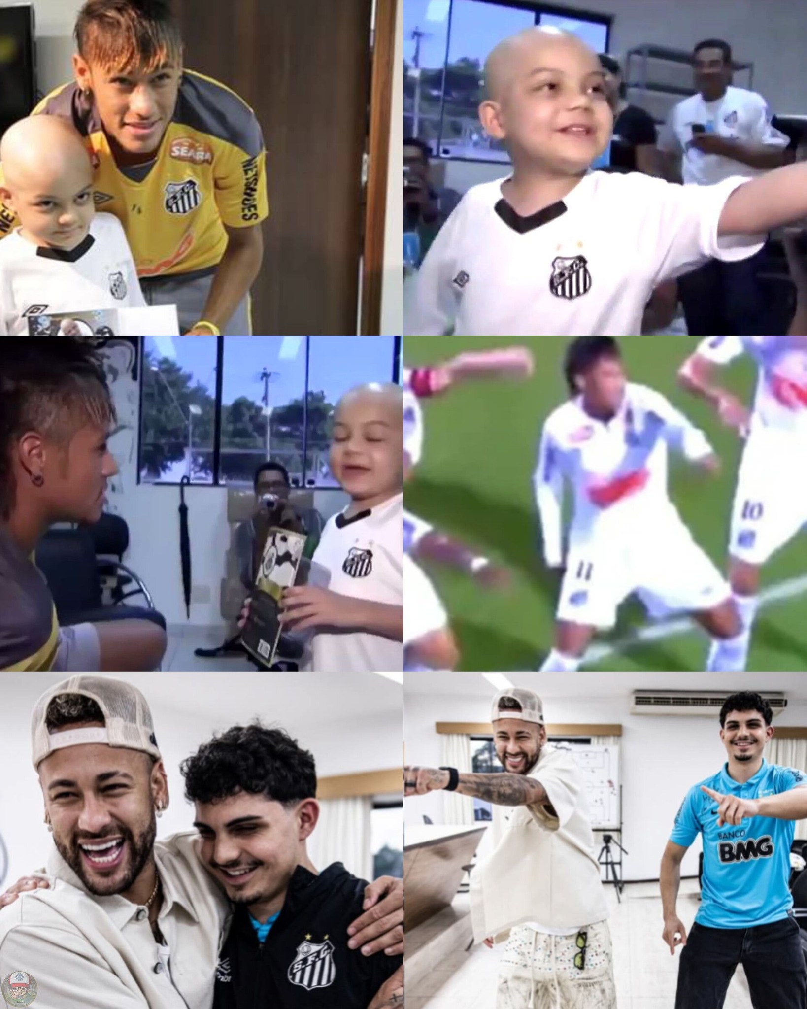Neymar se reúne con un joven sobreviviente de cáncer; se muestran fotos del pasado y del presente que ilustran su historia compartida.