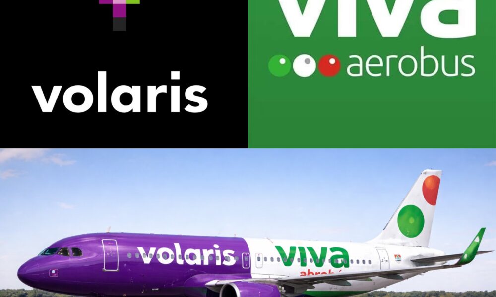 Avión con diseño combinado de Volaris y Viva Aerobus tras anuncio de fusión.