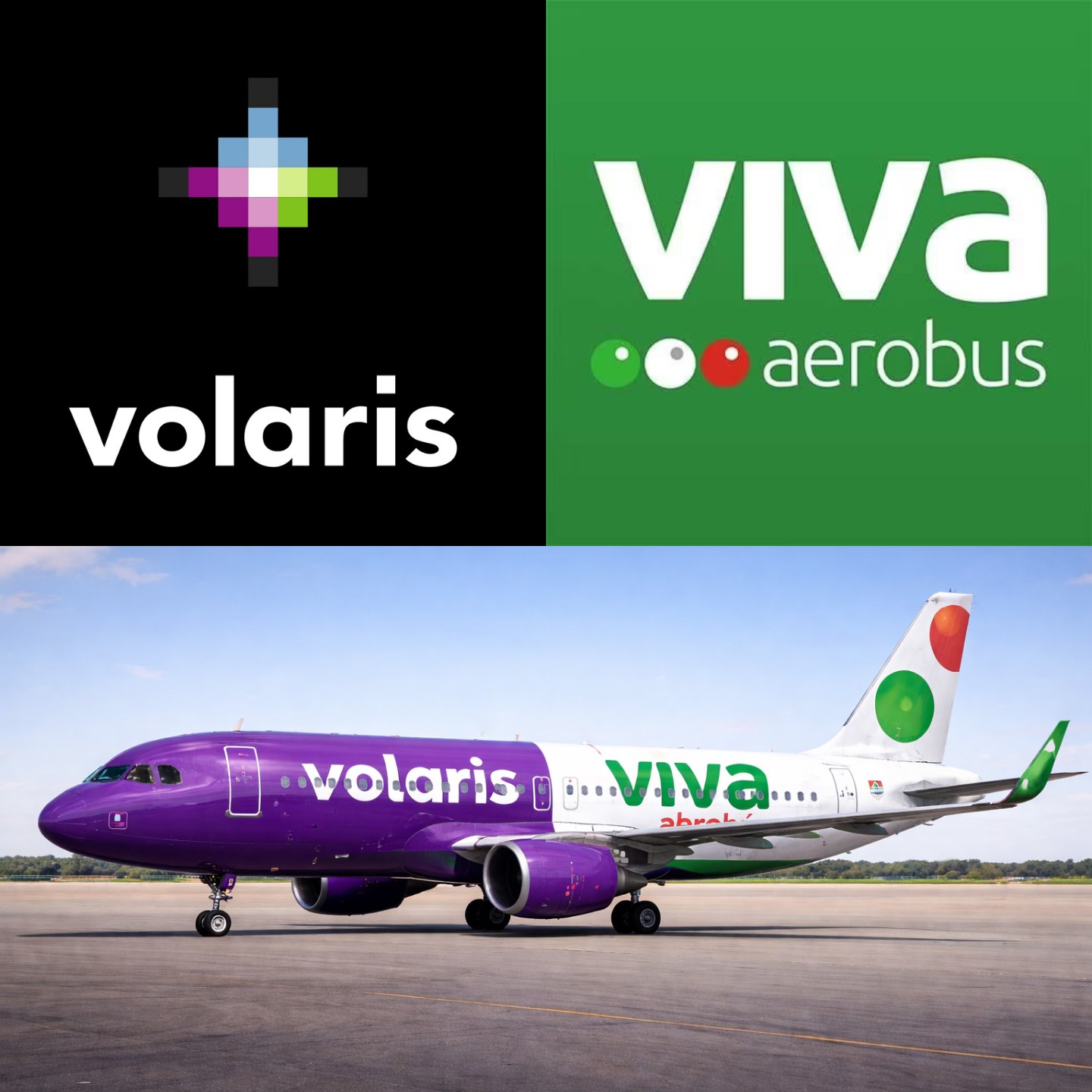 Avión con diseño combinado de Volaris y Viva Aerobus tras anuncio de fusión.