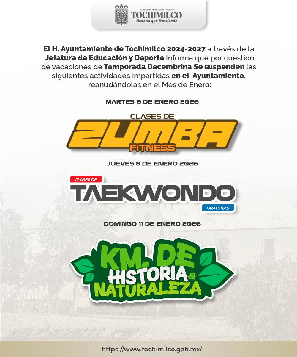 Calendario de reanudación de actividades deportivas y recreativas en Tochimilco enero 2026.