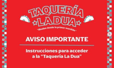 Anuncio gráfico en fondo rojo con la leyenda “Taquería La Dua”, aviso importante e instrucciones para acceder, rodeado de borde decorativo estilo mexicano.
