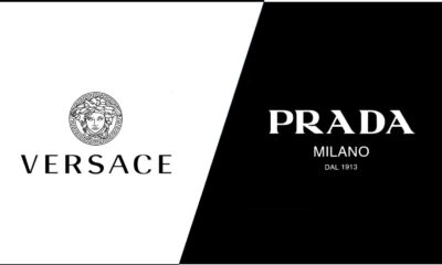 Logo dividido de Versace y Prada en fondo blanco y negro, representando la adquisición de una marca por la otra.