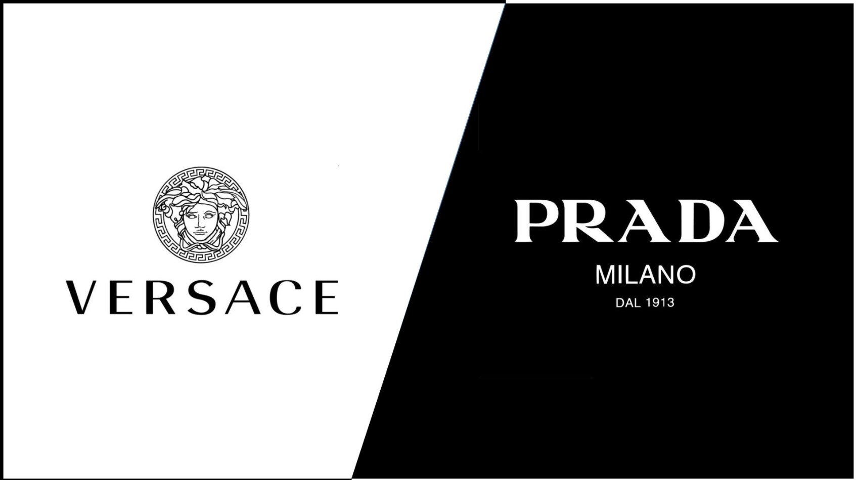 Logo dividido de Versace y Prada en fondo blanco y negro, representando la adquisición de una marca por la otra.