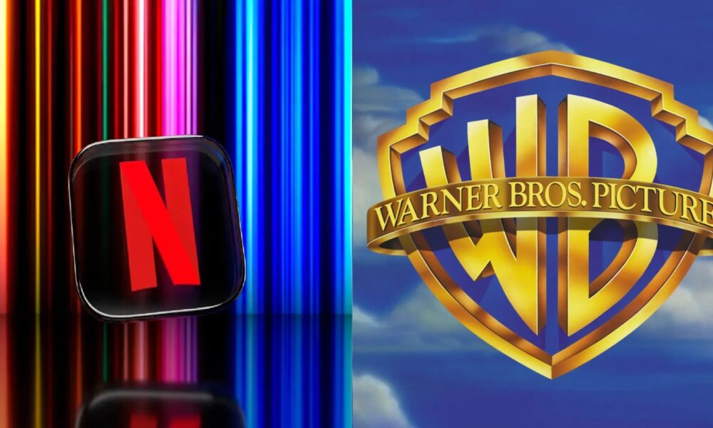 Logotipos de Netflix y Warner Bros enfrentados simbolizando una posible adquisición histórica en la industria del entretenimiento.