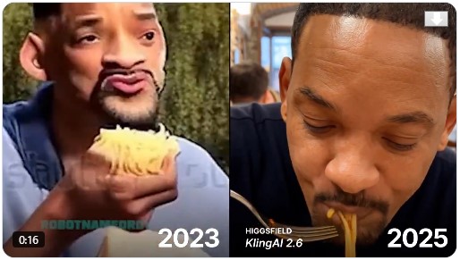 Comparación de dos escenas generadas por Inteligencia Artificial mostrando la evolución del realismo entre 2023 y 2025.