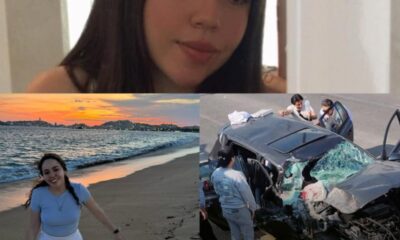 Collage que muestra a una joven mujer en fotografías personales junto con la imagen de un automóvil severamente dañado tras un choque.