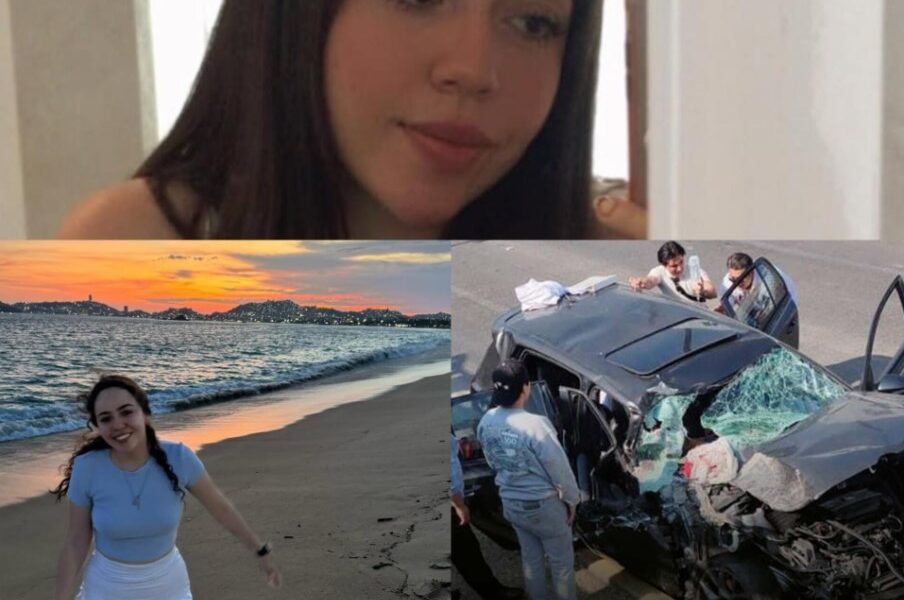 Collage que muestra a una joven mujer en fotografías personales junto con la imagen de un automóvil severamente dañado tras un choque.