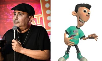 Fotografía de un hombre sosteniendo un micrófono junto a una imagen animada de un personaje de caricatura.