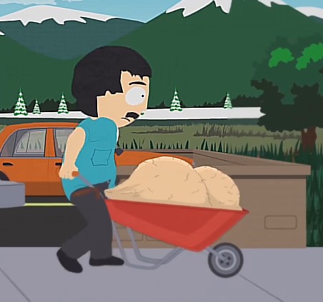 Escena de South Park donde un personaje empuja una carretilla, imagen asociada a episodio sobre enfermedad y colecta solidaria.