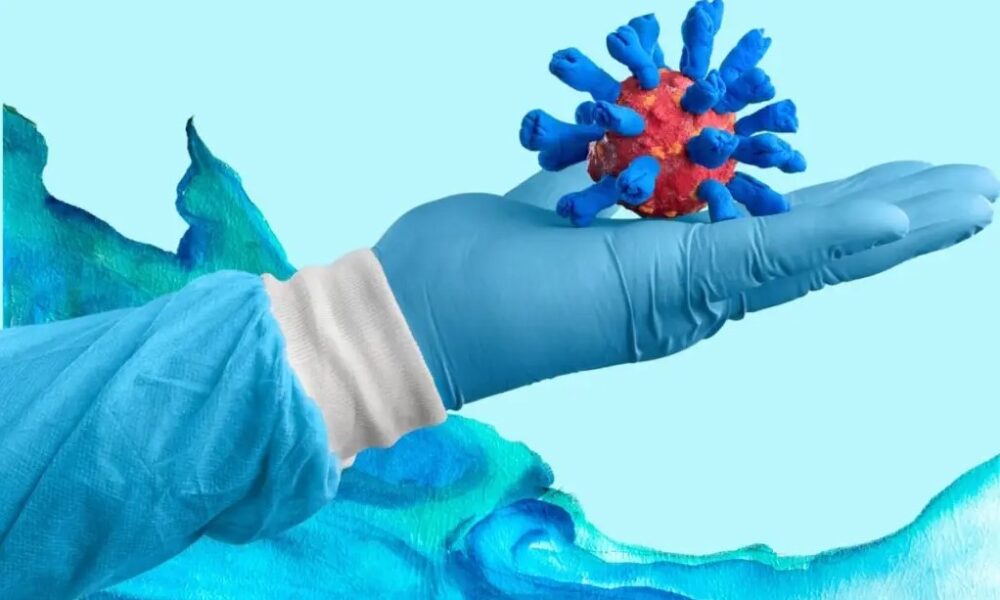 Representación del virus de la influenza sostenido por una mano con guante médico.