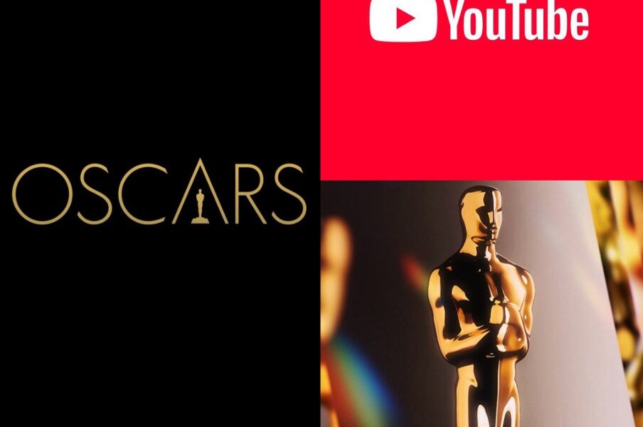 Estatuilla del Oscar junto al logotipo de YouTube, símbolo del cambio digital en los premios de la Academia.
