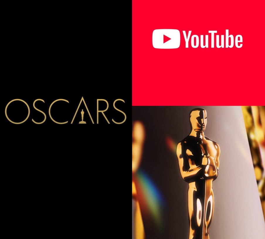 Estatuilla del Oscar junto al logotipo de YouTube, símbolo del cambio digital en los premios de la Academia.