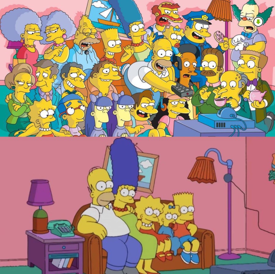 La familia Simpson sentada frente al televisor, símbolo de la crítica a la cultura mediática.
