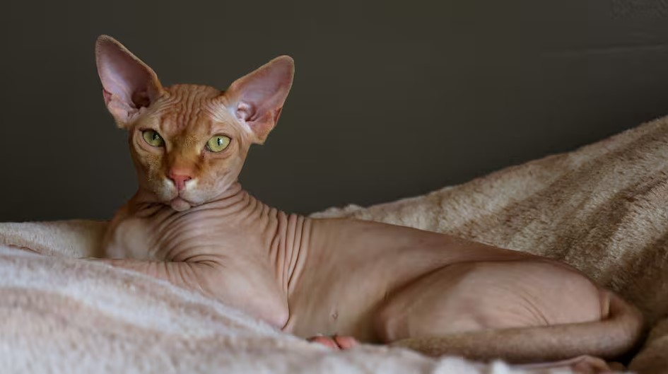 Gato Sphynx recostado, raza prohibida en Países Bajos por motivos de bienestar animal.