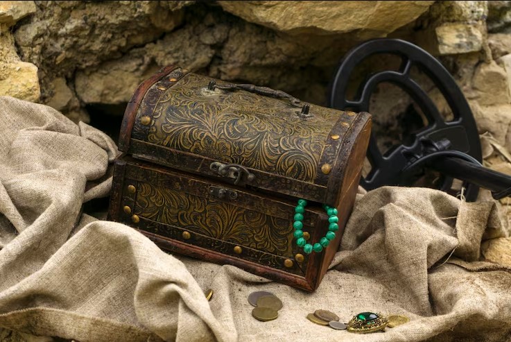 Cofre antiguo con brazaletes de plata hallados durante exploración arqueológica.