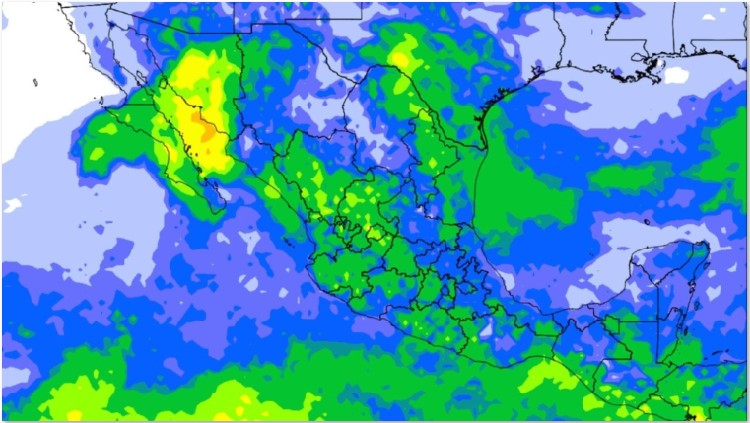 Mapa del Frente Frío 23 afectando México con lluvias y temperaturas bajo cero.