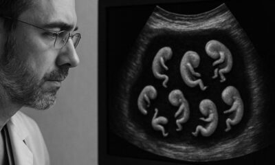 Ultrasonido médico que muestra múltiples fetos subdesarrollados dentro de un solo cuerpo, caso conocido como fetus in fetu.