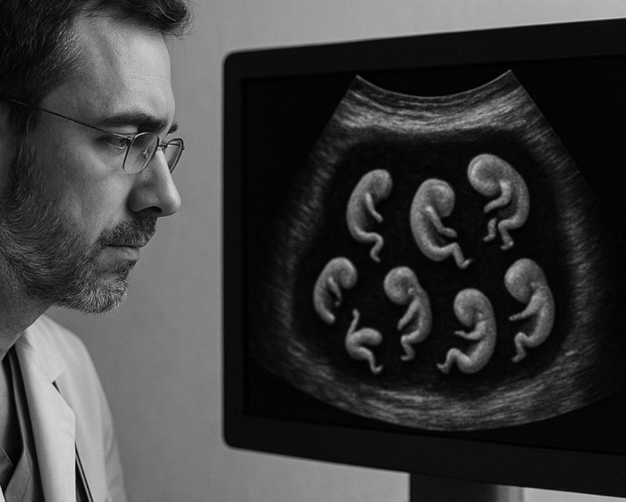 Ultrasonido médico que muestra múltiples fetos subdesarrollados dentro de un solo cuerpo, caso conocido como fetus in fetu.