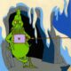 Ilustración del Grinch con expresión de disgusto frente a una cueva nevada.