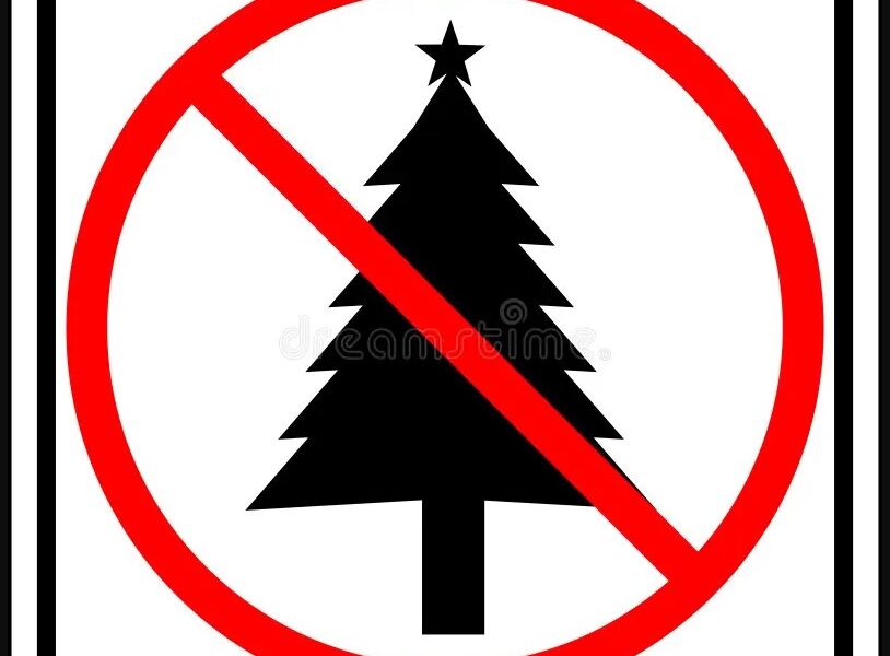Símbolo de prohibición con silueta de árbol de Navidad.